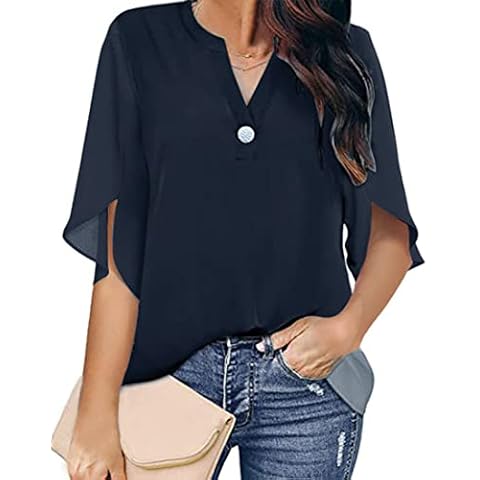 OLIPHEE Women's Elegant V-Neck Smooth Blouse Loose Pullover Shirt Trumpet Sleeve Blouse Tops Navy Blue S Cover