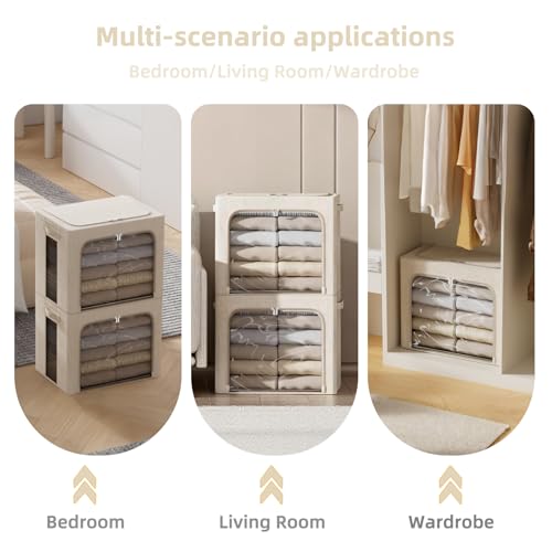 Image of FHSQX 2 Pack Clear Window Storage Bins - Large Stackable Linen Fabric Storage for Clothes Foldable Container Organizer Set with Carrying Handles (Beige, 16.5x 12.2x 12.2Inch)