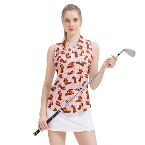 Cute Dachshund Women's Sleeveless Golf Shirt with Zip Up Summer Sports Athletic Quick Dry Tank Tops Polo Shirts for Women Golf Apparel Clothes
