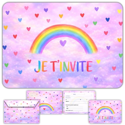 Glowiibo Lot de 12 Cartes Invitation Anniversaire Arc-En-Ciel avec Enveloppes Assorties - Idéal Enfant Fille - Cartons Préremplis en Français pour Fête ou...