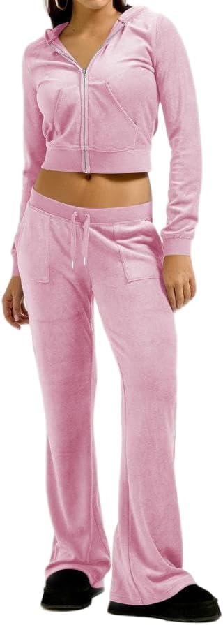 yidengymx Two Piece Velvet Hooded Outfits for Women, Womens 2 Piece Velour Tracksuit Zip Up Sweatsuit with Cargo Pockets