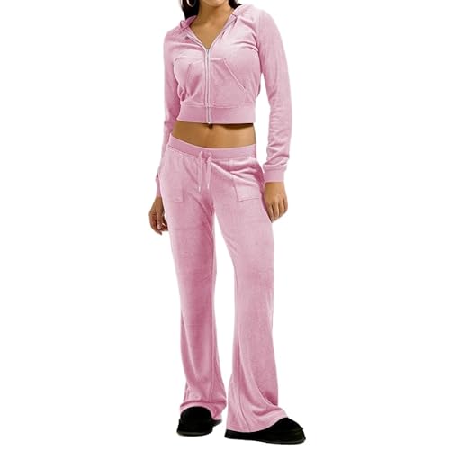 yidengymx Two Piece Velvet Hooded Outfits for Women, Womens 2 Piece Velour Tracksuit Zip Up Sweatsuit with Cargo Pockets Small Hoodie/Cargo Pants-pink