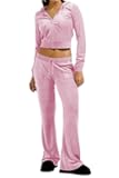 Two Piece Velvet Hooded Outfits for Women, Womens 2 Piece Velour Tracksuit Zip Up Sweatsuit with Cargo Pockets