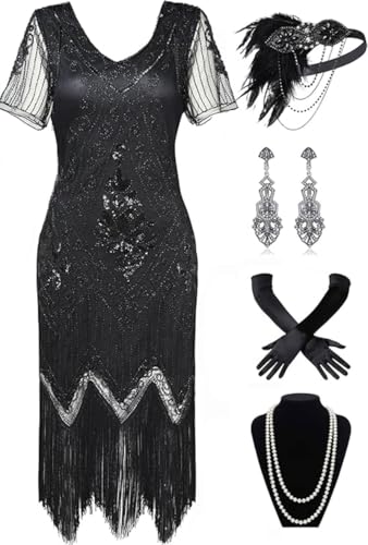 Image of 866A - 1920s Vintage Fringed Gatsby Sequin Beaded Tassels Hem Flapper Party Prom Cocktail Dress with Accessories