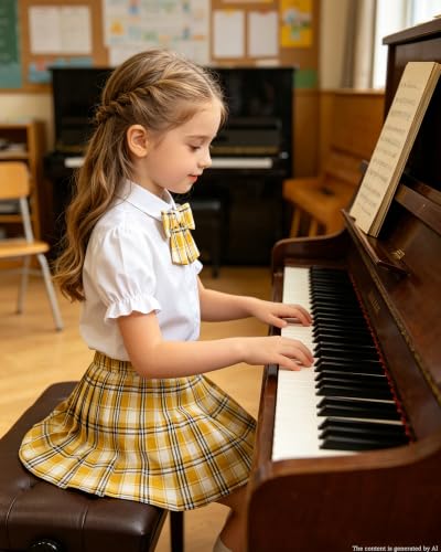 Image of Betusline Girls Skirt Set JK School Uniform 2-Piece Outfit - Short Sleeve Shirt with Bow & Pleated Skirt 4T-14Y