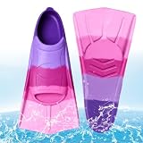 Bcuuozeeing Aletas de natación cortas para niños, 100% silicona, entrenamiento de natación, buceo y snorkel, XXS(27-29) verde azulado/rosa violeta/arco iris