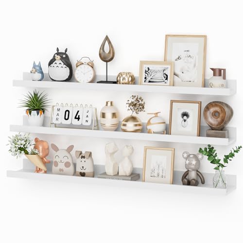 Heimlove 36 Inch Picture Ledge Shelf with Lip,White Floating Shelves for Wall Set of 3,Long Wall Shelves in Varying Depths for Living Room,Bedroom,Nursery,Bookshelf