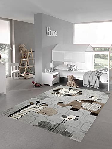 Kinderzimmer Teppich Spielteppich Zootiere Löwe Elefant Vögel Giraffe grau braun Creme, Größe...
