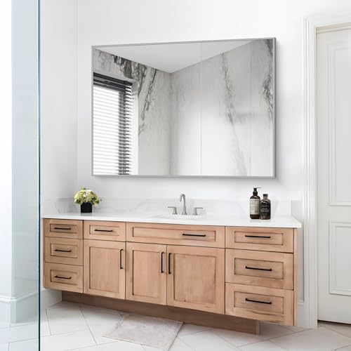 Image of COFENY Silver Bathroom Mirror, 48 inchX36 inch Rectangle Mirrors for Wall Metal Frame, Bathroom Rectangular Mirror Modern Wall Mirror for Bedroom Living Room, Hangs Horizontal or Vertical