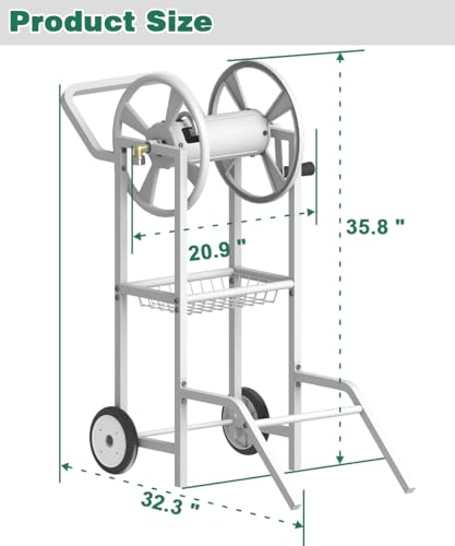 Artigarden Hose Reel Cart with 2 Wheels, Garden Water Hose Holder Heavy Duty Powder Coated Steel Outdoor Winder Storage Holds 125 ft 5/8\" Hoses with Basket and 3.9ft Leader Hose for Backyard, White