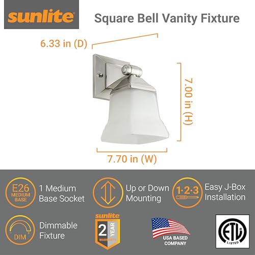 Image of Sunlite 46061 5 inch Modern Square Bell Vanity Wall Mount Light Fixture, Medium Base (E26) Socket, Standard A19 Bulb Required (100W Max), Frosted Glass Shade, ETL Listed, 1 Light Brushed Nickel Finish