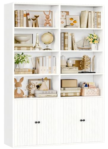 IRONCK Bookcase with Doors 180cm Tall Bookshelf 6 Tier Living Room Bookcases 8 Open Compartments Free Standing Display Shelf Wooden Shelving Storage Unit for Home Office 108×30×180cm (White)