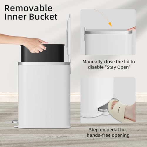 Image of KUK Slim Bathroom Trash Can with Lid Soft Close, Step Pedal, 2.6 Gal / 10L Stainless Steel Garbage Can with Removable Inner Bucket, Anti-Fingerprint Wastebasket for Office, Bedroom, Toilet (White)