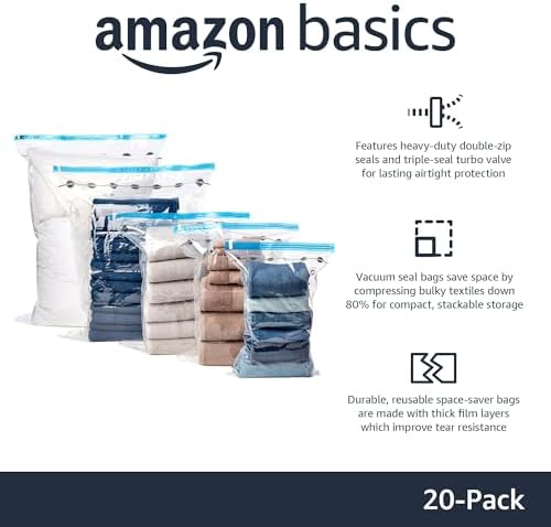 Amazon Basics Vacuum Compression Storage Bags with Hand Pump - 20 Pack (5 Small, 5 Medium, 5 Large & 5 Jumbo) - 1