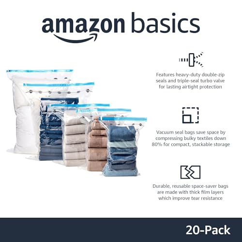 Amazon Basics Vacuum Compression Zipper Storage Bags with Hand Pump, 20 Count, 4 Pack of 5 (Small, Medium, Large & Jumbo), Multiple, Clear