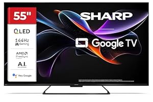SHARP 55HR7365E – Google TV, 55" UHD, Rahmenlos, 144 Hz, QLED, HDR10, Dolby Vision HDR, Google Assistant mit Mikrofon, Chromecast, Bluetooth, Dolby Atmos 2x12 W, HDMI 2.1 x4, USBx2, Farbe Schwarz