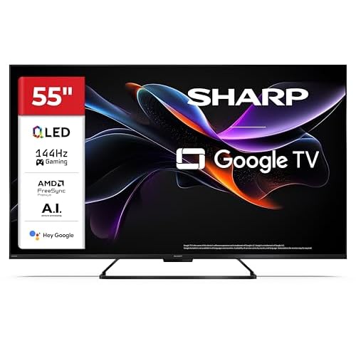 SHARP 55HR7365E – Google TV, 55" UHD, Rahmenlos, 144 Hz, QLED, HDR10, Dolby Vision HDR, Google Assistant mit Mikrofon, Chromecast, Bluetooth, Dolby Atmos 2x12 W, HDMI 2.1 x4, USBx2, Farbe Schwarz