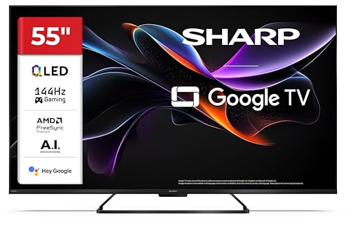 Sharp 55HR7365E - GOOGLE TV, 55' UHD, FRAMELESS, 144Hz, QLED, HDR10, Dolby Vision HDR, Google Assistant con microfono, Chromecast, Bluetooth, DOLBY Atmos 2x12W, HDMI 2.1 x4, USBx2, Colore nero