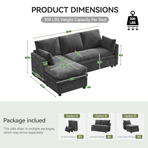 Image of 85 inch Sectional Couches with Left Chaise, Comfy Deep Dual-Layer Cushion Couch, 4 Seater L Shaped Couch, Modern Modular Sofa, Chenille Sofas for Living Room, Apartment, Grey