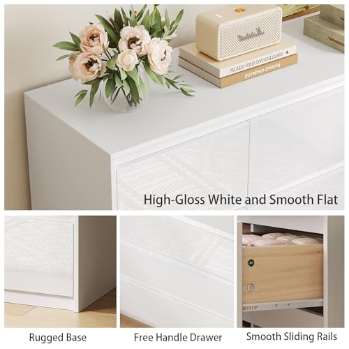 Image of White Dresser for Bedroom, 60.2 inch W High Gloss Large 9 Drawers Dressers with Handle Free, Wide High Gloss Chest of Drawers Large, Long Modern Storage Drawer Dresser for Bedroom, Living Room