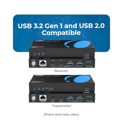 Image of OREI USB 3.2 Over Ethernet HDbaseT Cat6 Extender LAN Upto 330 Feet - Dual Host Extends 2X USB-C / 2X USB-A Signal Over LAN Ethernet - RS-232, PoC, Supports All Operating System