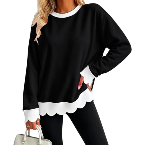 Black Sweatshirt for Women Cotton Crewneck Scalloped Hem Pullover Tops - image 5