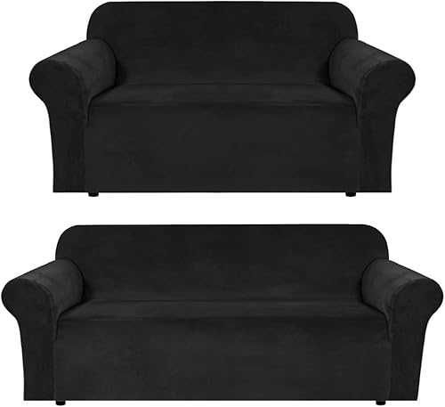 H.VERSAILTEX Funda elástica de terciopelo para sofá de 3 cojines, sofá biplaza, color negro
