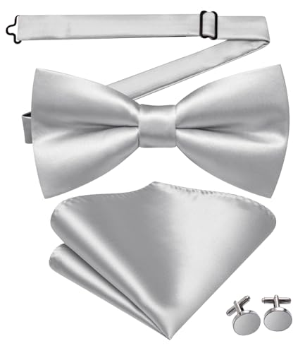Image of Hi-Tie 5Pcs Mens Solid Color Silk Tie Satin Pretied Bowtie Lapel Pin for Men Handkerchief Cufflink Wedding Gift Box