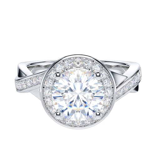 THELANDA 2CT Genuine Moissanite or Simulated Diamond Crossover Shank 12mm Diameter Large Halo Promise Engagement Ring