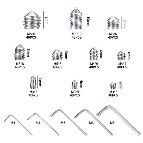 400 Stück Madenschrauben Konus-Spitz Schrauben Set, Edelstahl Innensechskantschrauben, Gewindeschrauben, M3 M4 M5 M6 M8 Gewindehülse