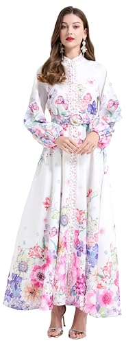 LAI MENG FIVE CATS Damen-Maxikleid mit Blumendruck, Puffärmel, Knopfleiste, geteilt, Partykleid, Weiß und Blumenmuster, Klein