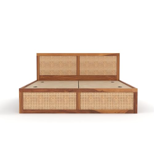 Image of Sheesham Wood Cane Bed with Box Storage for Bedroom | Queen Size Wooden Double Bed Palang with Rattan Headboard & Footboard (Honey Finish)