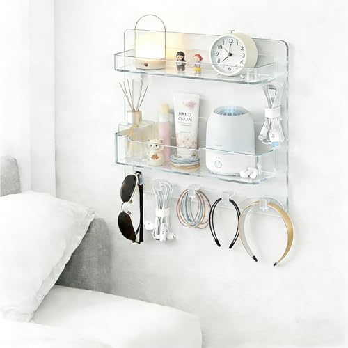 JWShang Bedside Wall Shelf - Adhesive Nightstand Organizer with Hooks
