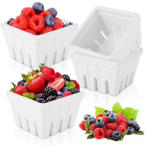 YAYODS 4 Pack Ceramic Berry Basket, 4.1" Square Berry Bowls with Holes, Fruit Bowl Berry Colander Containers for Fridge, Berries, Strawberry, Grape, White by YAYODS - Used condition - US$14.24