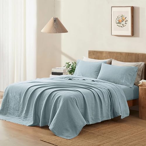 Image of ATLINIA 100% Pure Flax Linen Bedding Set - Stone Washed French Linen Fabric Deep Pocket Fitted Sheet Farmhouse Flat Sheet 2 Pillowcases (Dusty Blue, Queen)