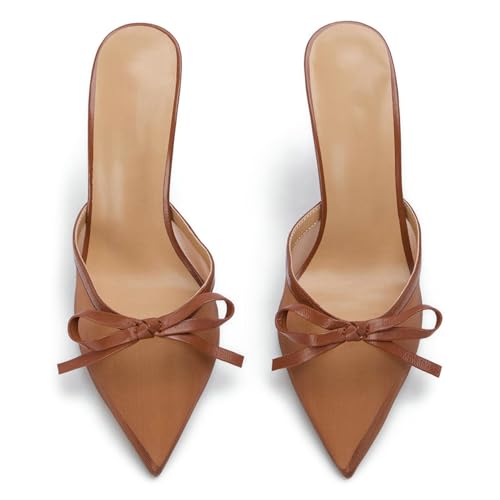 Uniquelly Kitten Heels for Women Closed Toe Stiletto Heels Bow Mesh Pointed Toe Mules Sexy Dressy Slip On Party Wedding Pumps Dress Shoes2