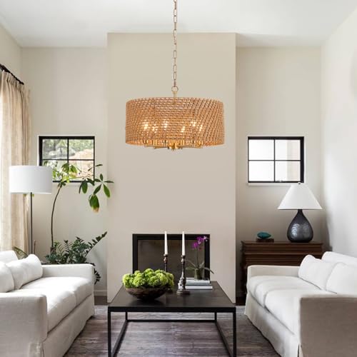 Image of 20 inch Boho Rattan Chandelier, 6-Light Gold Wicker Light Fixture