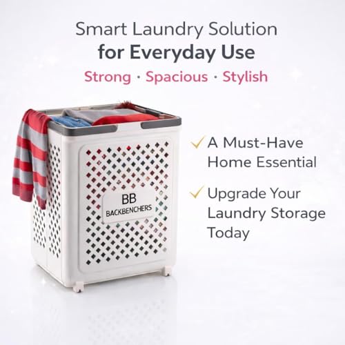 Image of Laundry Bag, Large Laundry Basket, Durable Plastic Storage Basket with Ventilated Diamond Design With Wheel At Bottom, Grey Rim Bathroom & Bedroom Organizer, 45L (PACK OF 1)