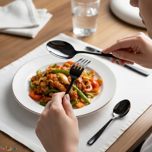 Image of Mirror Polished Black 8 Pcs Stainless Steel Cutlery Set for Dining Table, Dishwasher Safe Glossy Flatware (2 Spoon Set + 2 Forks Set + 2 Butter Knife + 2 Dessert Spoon)