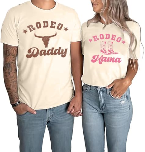 Vintage Western Cowboy Couples T-Shirts Matching Couples Rodeo Tees Tops Funny Letter Rodeo Mama Rodeo Daddy Shirts