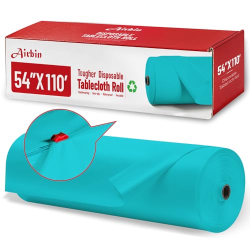Image of Plastic Table Cloth, 110 Ft X 54 In Disposable Tablecloth Light Blue Tablecloth Premium PEVA Plastic Table Cloth Disposable with Any Cut Sliding Cutters for Picnics, Parties, Birthdays, Festivals