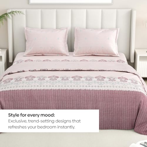 Image of Rivermoor 144 TC Cotton Bedsheet for Double Bed | Queen Size Bed Sheet with 2 Pillow Covers | Pink Ethnic Floral Pattern | 98 x 100 Inches