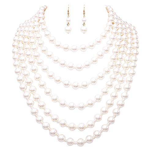 Rosemarie & Jubalee Women's Stunning Backdrop Style Multi Strand Simulated Pearl Necklace and Earrings Bridal Jewelry Set, 15