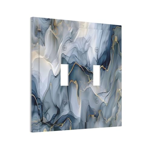 Decorative Switch Plate Covers Abstract Ink Blue Marble Glod Line Texture 2 Gang Light Switch Cover Plate Unique Double Toggle Wall Plate Light Switch Covers for Bathroom Decor