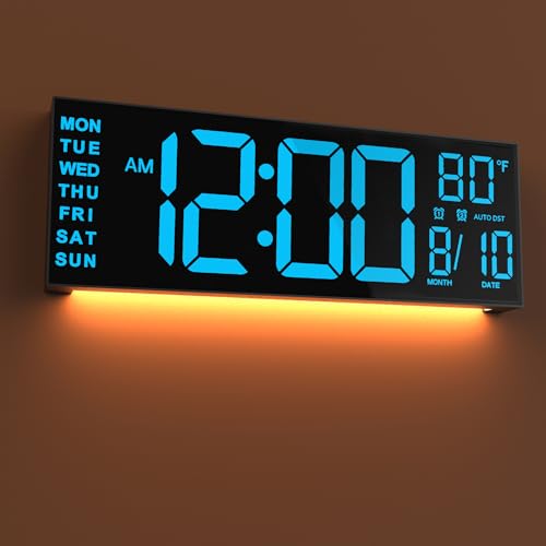 Image of JALL 16 inch Large Digital Wall Mount Clock, Count Down Timer, Alarm, Big LED, DST, Temperature for Living Room Classroom Desk, Xmas, Birthday Gift for Senior Men Women Mom Dad, Blue