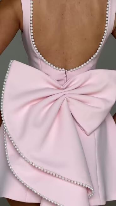 Image of Mini Pearl Cocktail Dress with Bow Satin Evening Dress Backless Bodycon Formal Party Gowns ADN002