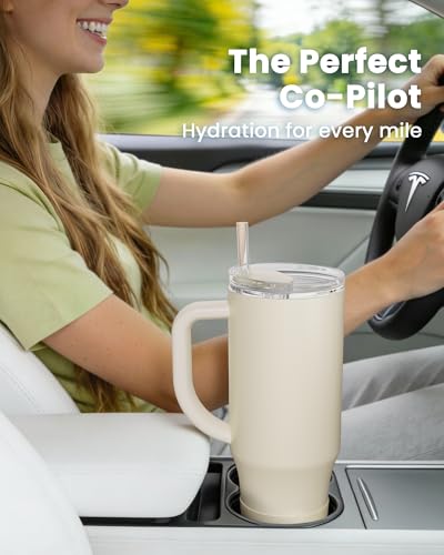 Image of Renoj Insulated Mug 100% Leak Proof Insulated Water Bottle for Iced Coffee & Hot Drinks - Fits Car Cup Holder, Ideal Gift, 2 Straws & Silicone Boot - SnapShift White 40 oz