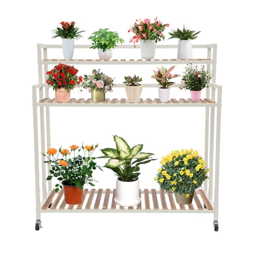 Dokiiovo Escalier à fleurs à 3 niveaux avec roulettes, escalier pour plantes en acier inoxydable et panneaux de pin, support mobile pour plantes pour l'extérieur et l'intérieur, 100 x 40 x 102 cm