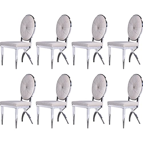 Acedécor Dining Chair, Beige Velvet Upholstered Armless Side Chair With Silver Stainless Steel Legs And Oval Metal Trim Backrest, Set Of 8 #TOP28