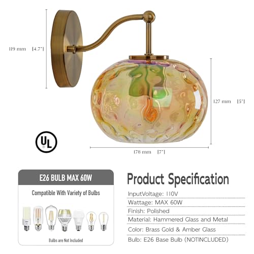 Image of Modern Iridescent Glass Wall Sconce Gold Brass Wall Light Set of 2 Hammered Amber Glass Vanity Light for Bedroom Hallway Living Room Stairwell Bathroom Over Mirror